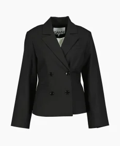 Ganni Blazer Drapey Melange Fitted Double Breasted Zwart*Dames Blazers