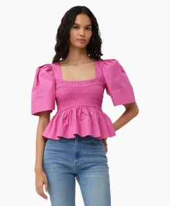 Ganni Blouse Cotton Poplin Open-Neck Smock Pink*Dames Blouses
