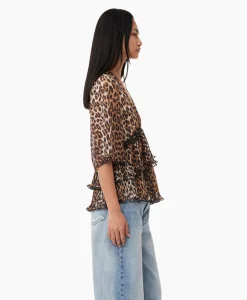Ganni Blouse Pleated Georgette V-Neck Flounce Bruin*Dames T-Shirts & Tops