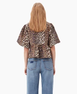 Ganni Blouse Printed Cotton Poplin Peplum Bruin*Dames Blouses